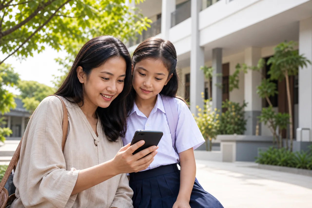 Orang tua dan anak melihat informasi pilihan sekolah bersama